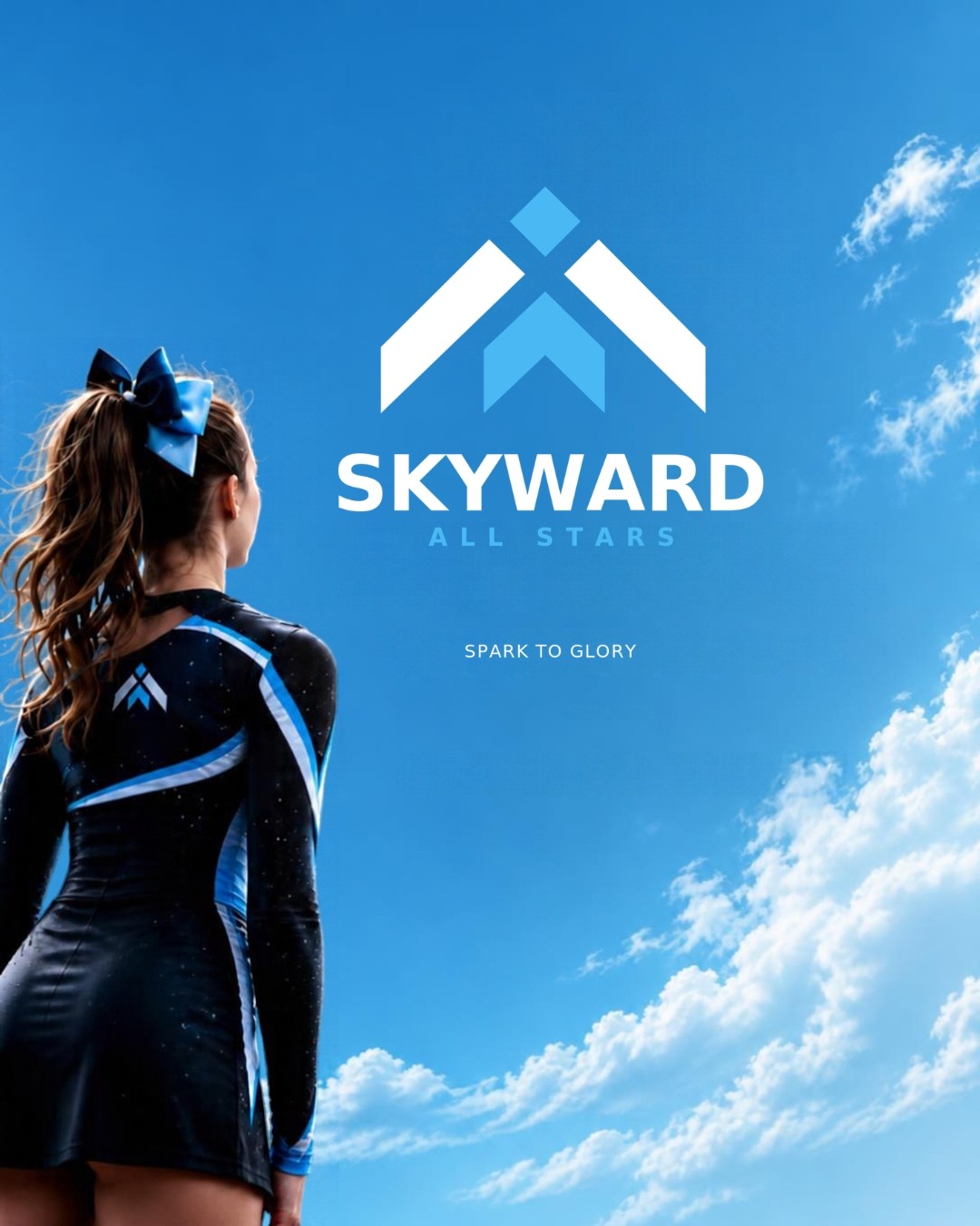 A cheerleader in a navy and sky-blue Skyward uniform looks up at a bright blue sky beneath the Skyward All Stars emblem